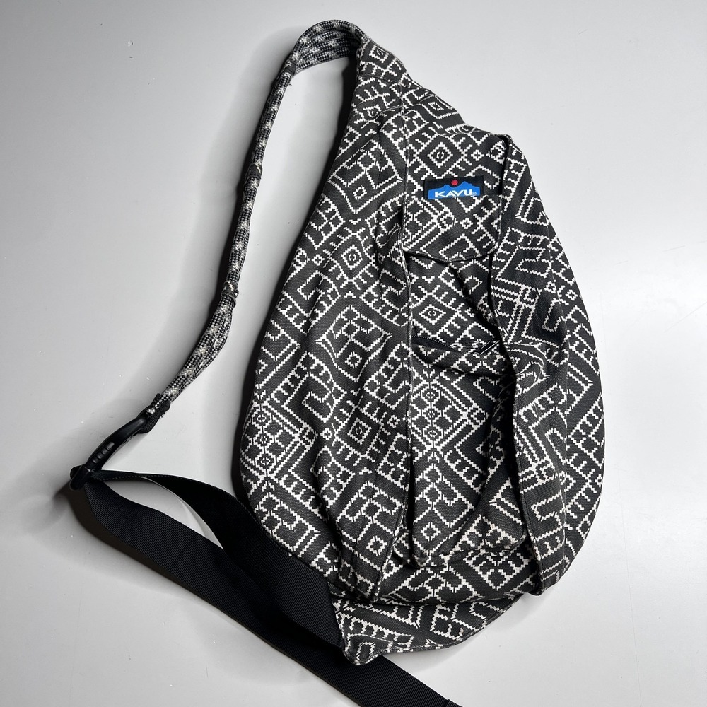 KAVU Sling Bag Womens Medium Black Canvas Rope Strap Tribal Geometric Print